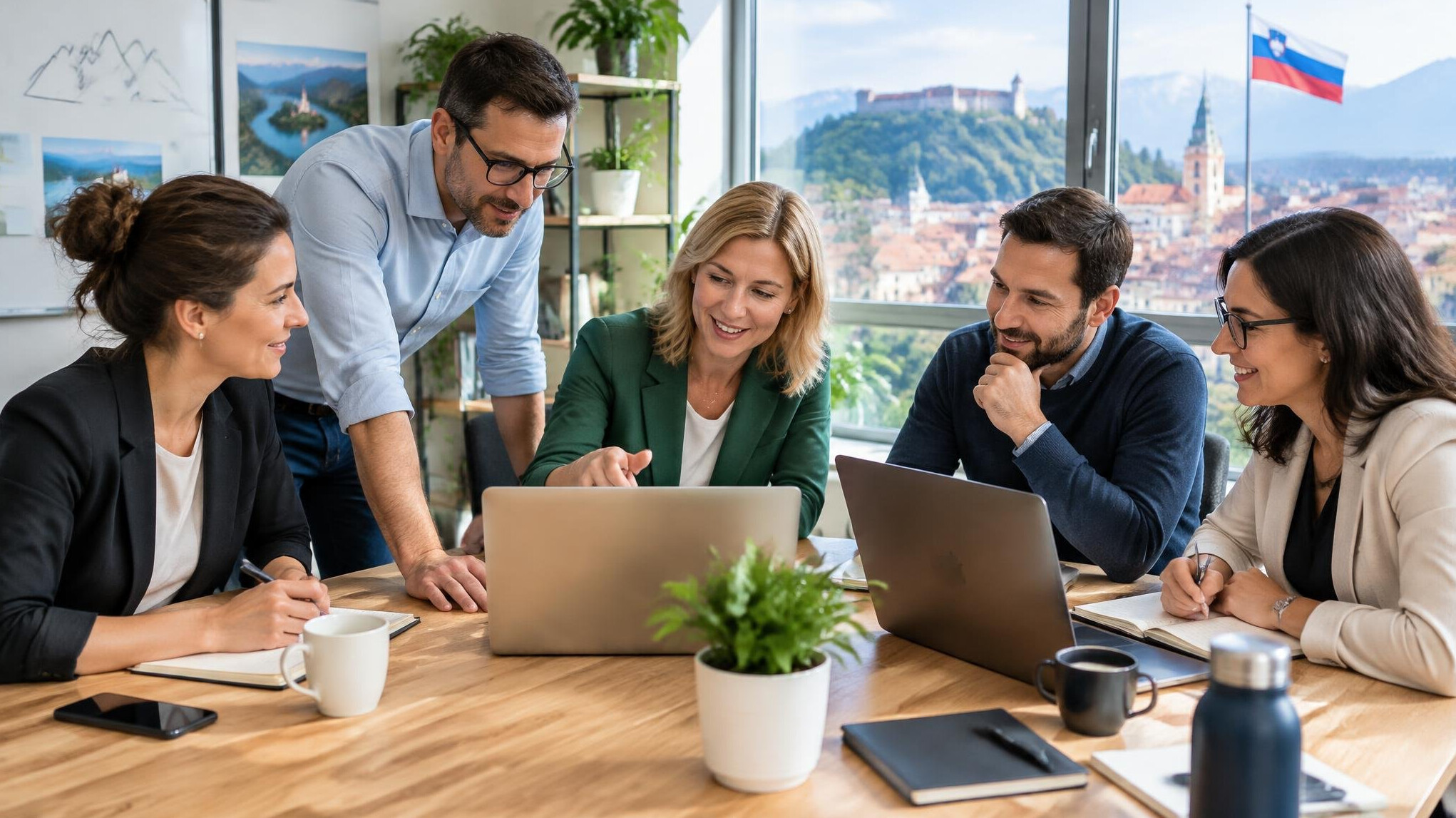 Team of colleagues collaborating around a table with laptops